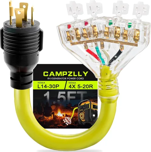 Vista 8 de Cable Adaptador de Generador RV de 30 Amperios a 20 Amperios 110, Adaptador de Distribución NEMA L5-30P a 3X 5-15R/5-20R con Indicador de Energía