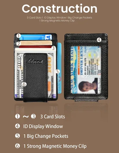 Vista 3 de Kinzd Pinza para billetes, bolsillo frontal, cartera de piel con bloqueo de RFID fuerte imán cartera delgada RFID Blocking, Strong Magnet, thin