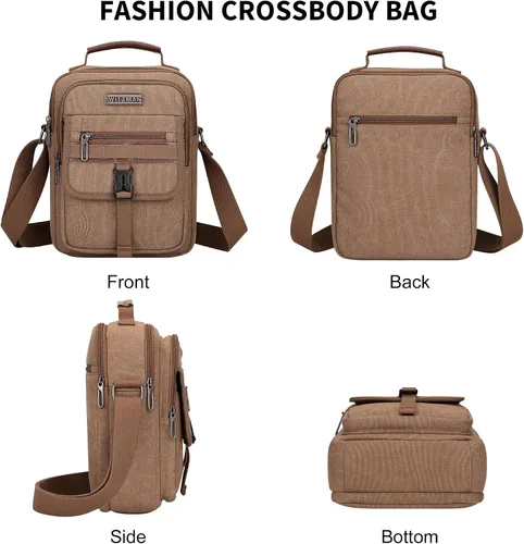 Vista 8 de WITZMAN Bolso cruzado para hombre, bolso de mensajero de lona, bolso vintage para hombre, bolso pequeño casual para el trabajo y viajes, Marrón