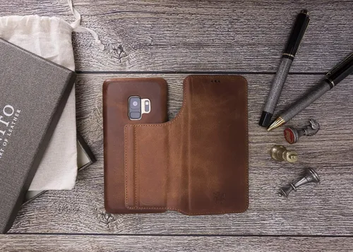 Vista 2 de Venito Venice - Funda delgada compatible con Galaxy S9 con soporte, cartera, cierre automático y función de bloqueo RFID (marrón antiguo)