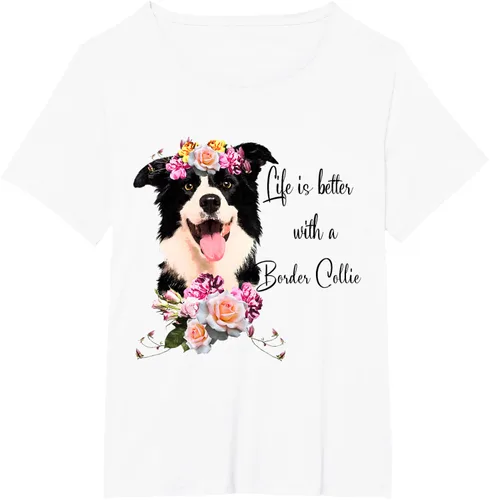 Vista 95 de Life is Better With a Border Collie - Camiseta de perro lindo con flores, gris, S Gris Oscuro