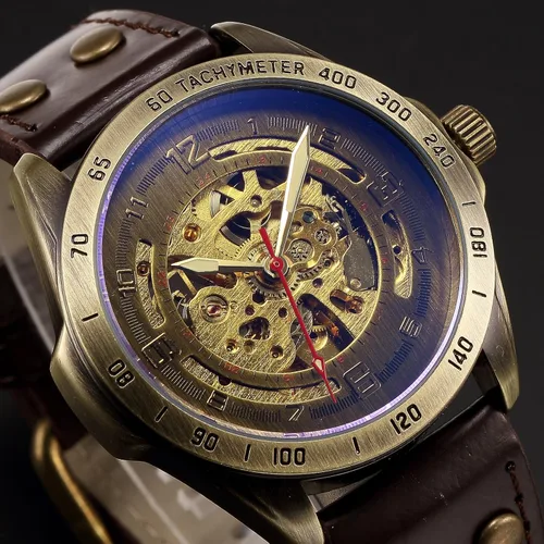Vista 3 de reloj estilo vintage, carcasa de bronce, cuero marrón, mecánico automático, hombres, PMW368