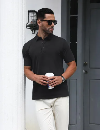 Vista 2 de MAGNIVIT Camisas polo de manga corta para hombre, camisas de golf atléticas que absorben la humedad, camisa casual de algodón con cuello de 3 botones