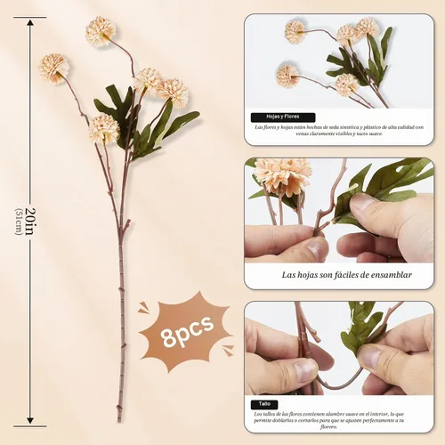 Vista 6 de BEAYFILY - Flores artificiales de pompón beige, 8 tallos de seda sintética, mini crisanto, bolas de flores falsas a granel para manualidades