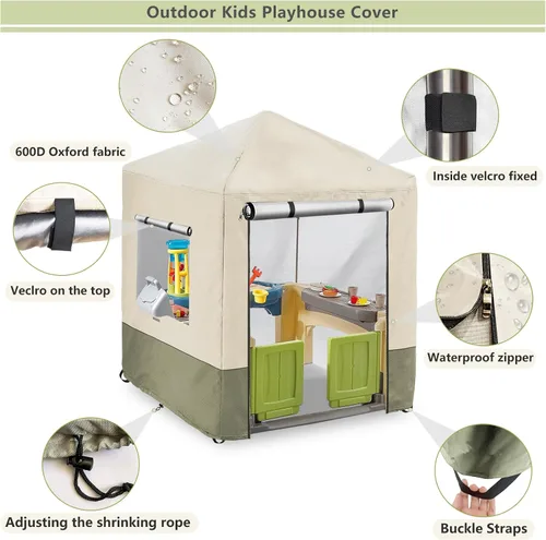 Vista 5 de Funda para casa de juegos para niños al aire libre, cubiertas de casa de juegos resistentes e impermeables de 600D, 142 cm de ancho x 142 cm