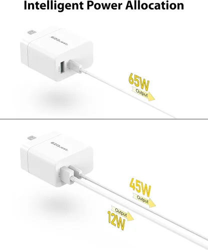 Vista 4 de Cargador USB C de 65 W - 1 puerto USB-C, 1 puerto USB-A, con cable de carga de 6.6 ft - Bloque de carga rápida PD - Pared del cargador GAN