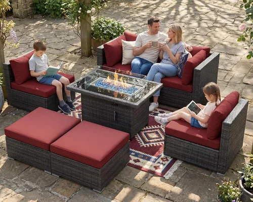 Vista 50 de NICESOUL Juego de muebles de patio de ratán extra grande con mesa para fogata de gas y propano, 29.3 pulgadas, respaldo alto, cómodos conversaciones