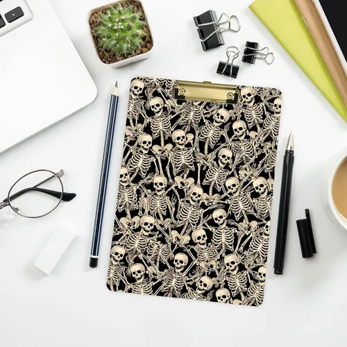 Vista 7 de ALAZA Fun Skeletons - Portapapeles de acrílico tamaño carta A4 con clip de perfil bajo para oficina en casa, hombres y mujeres, clip de color dorado
