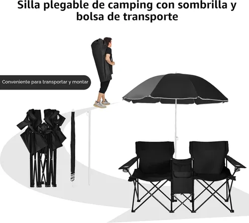 Vista 5 de Goplus Sillas de camping dobles con paraguas, enfriador para patio de playa Negro