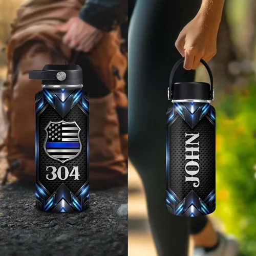 Vista 6 de Hyturtle Botella de Agua Personalizada de Policía - Botella de Acero Inoxidable Aislada con Tapa a Prueba de Fugas 18 oz, 32 oz - Regalo de Bandera