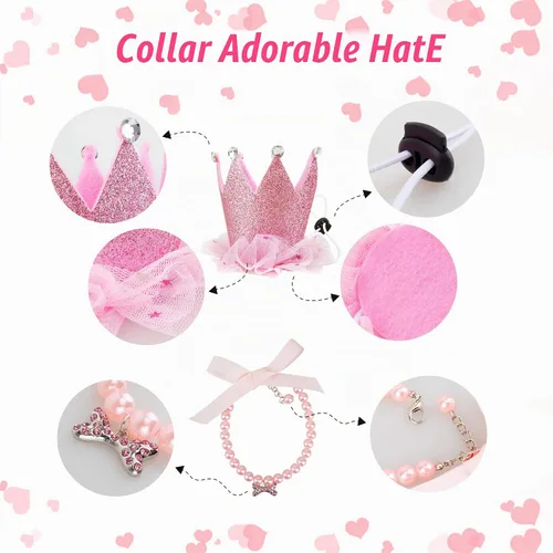 Vista 4 de Disfraz de tutú para perro, tutú rosa para perros pequeños y medianos, suministros para fiesta de cumpleaños, sombrero de cumpleaños para perro