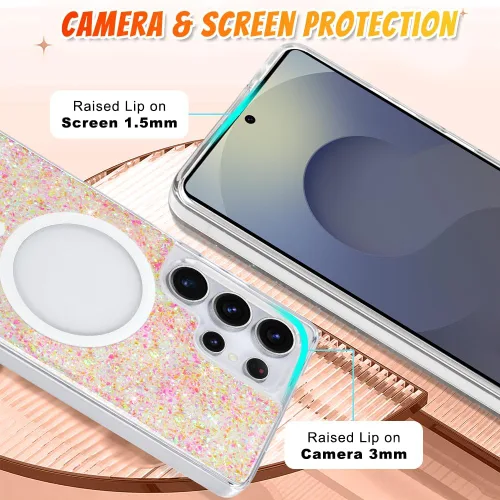 Vista 31 de Bonoma - Funda compatible con Samsung Galaxy S21 Plus, diseño de corazón con purpurina, color rosa Support for MagSafe, Plating Magnetic Case TPU