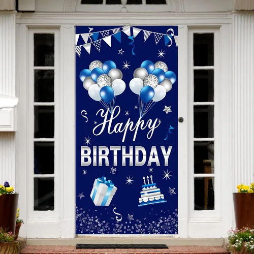 Vista 5 de Turypaty Cartel de feliz cumpleaños azul plateado para puerta para hombres y niños, suministros de fiesta de cumpleaños 16, 21, 30, 40, 50, 60