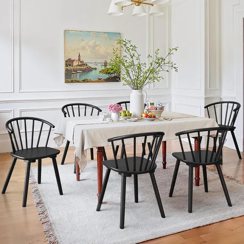 Vista 13 de LUE BONA Juego de 2 sillas de comedor negras, sillas de comedor de madera estilo granja con respaldo semicircular, silla de comedor con husos