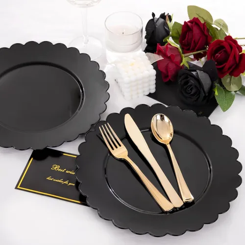 Vista 6 de SUT 72 platos de plástico negro PSC, platos desechables resistentes, platos llanos desechables negros, plato llano de plástico de 10.25 pulgadas
