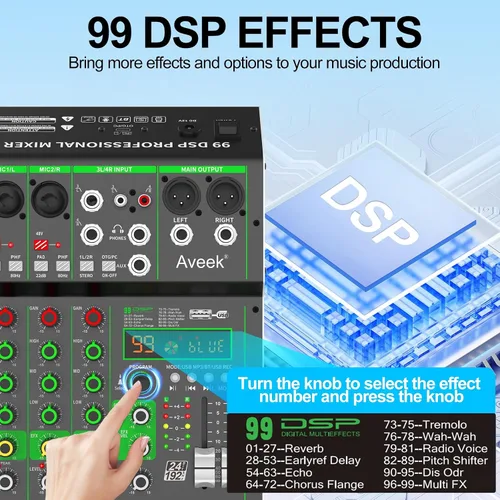 Vista 6 de Mezclador de audio Aveek, mezclador de 4 canales con Bluetooth y grabación USB DJ Mixing Console with 99 DSP Effects, 48V Phantom Power, PC