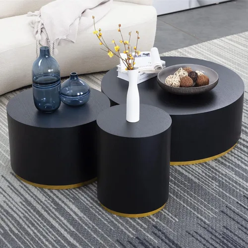 Vista 6 de KEVINSPACE Mesa auxiliar negra con borde dorado en la parte inferior, mesa de centro redonda para espacios pequeños, mesa auxiliar de madera mesita