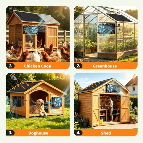 Vista 15 de Ventilador solar – Ventilador de ventilación de entrada y escape de alta velocidad dual para casa de perro, gallinero e invernadero, panel solar