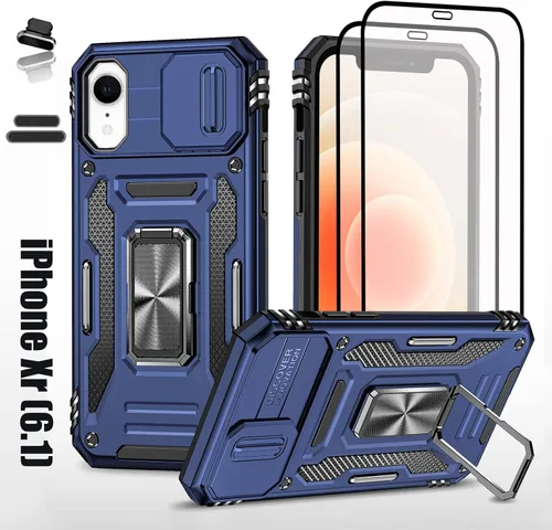 Vista 9 de Funda resistente para Apple iPhone Xr/10R, protección híbrida de goma de doble capa de grado militar con protector de cámara deslizante, soporte