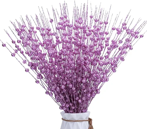 Vista 13 de 12 piezas de bayas artificiales con purpurina rosa, púas artificiales de Navidad con tallos de bayas para decoraciones de Navidad, palos falsos