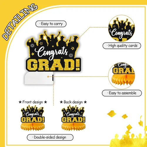 Vista 6 de Decoraciones de fiesta de graduación 2026 – 8 piezas de decoración de fiesta de graduación negro dorado clase de 2026, centros de mesa de panal