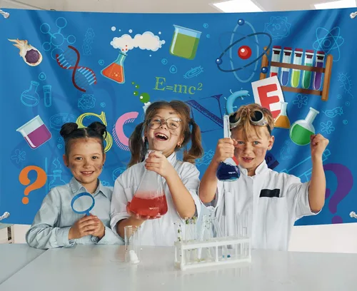 Vista 5 de Telón de fondo de fiesta de ciencia – Fondo de estudio temático de científico loco, suministros de fotografía para baby shower o fiesta