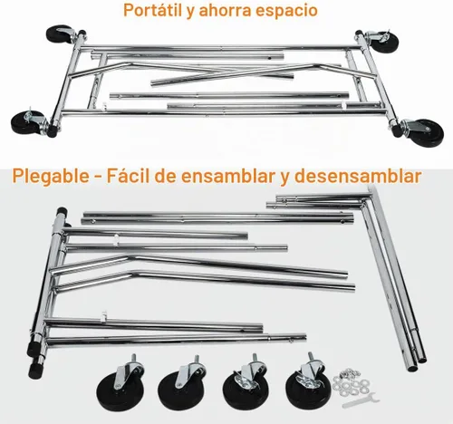 Vista 8 de HOKEEPER Perchero para ropa, percheros enrollables para colgar ropa, perchero portátil con ruedas bloqueables, perchero de ropa resistente de uso