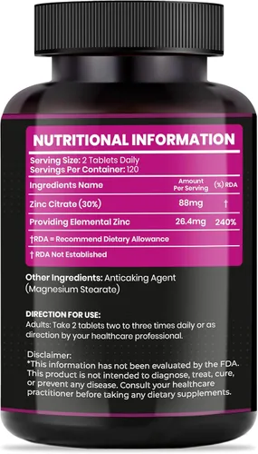 Vista 2 de Comprimidos vegetales de citrato de zinc de 50 mg – 240 unidades – Sin OMG, sin gluten, suplemento – Apoyo al sistema inmunológico, salud de la piel