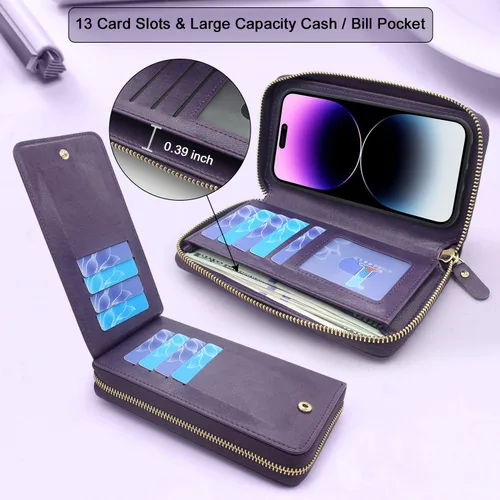 Vista 3 de Funda compatible con iPhone 14 PRO MAX de 6.7 pulgadas 2022, funda cruzada con doble cremallera, desmontable, magnética, de cuero, funda