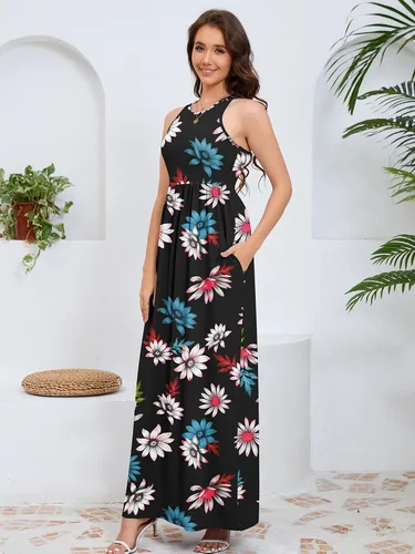 Vista 3 de DEARCASE Vestido largo de verano sin mangas para mujer, con bolsillos E10-floral Negro Azul