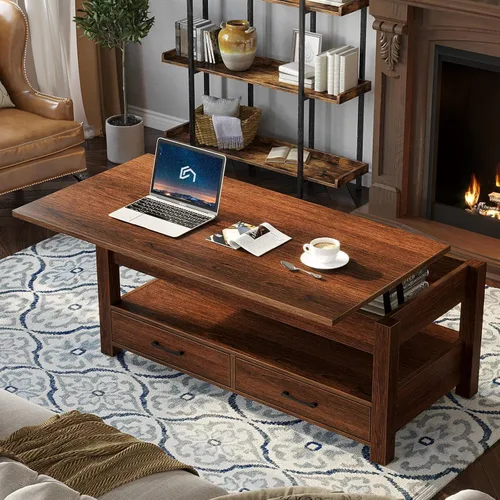 Vista 2 de Rolanstar - Mesa auxiliar, mesa de centro de 47.2 pulgadas con elevación, mesa central retro con cajones y compartimento oculto, tablero