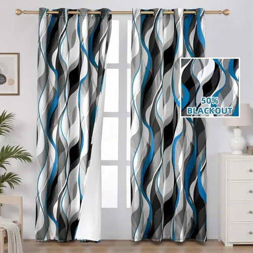 Vista 2 de weesire Cortinas modernas a rayas azules y grises, 50% bloqueo de luz, oscurecimiento con ojales, cortina azul para sala de estar, villa Azul-50%