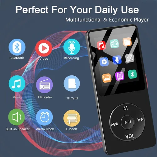 Vista 5 de Reproductor de música MP3 Bluetooth con tarjeta TF de 64 GB, mini reproductores MP3 portátiles con altavoz y auriculares, compatible con reloj