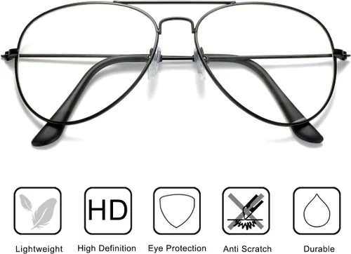 Vista 5 de Lentes de aviador transparentes con montura metálica clásica de primera calidad Paquete de 3
