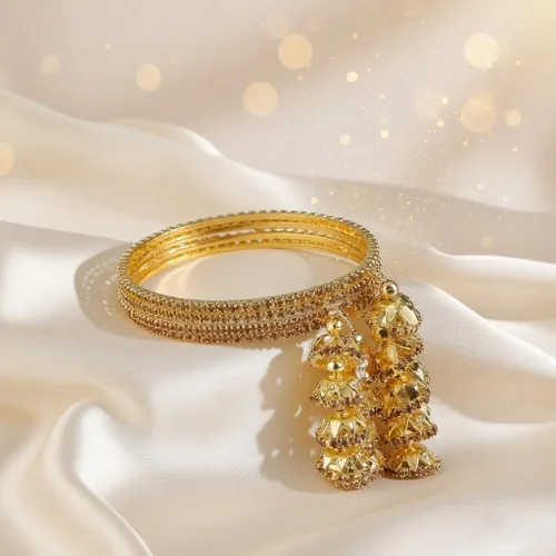 Vista 6 de Efulgenz Juego de pulseras de borla india CZ Jhumka con borla Oro