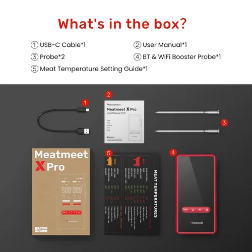 Vista 10 de Termómetro inalámbrico Meatmeet X Pro para carne con Wi-Fi dual y Bluetooth, termómetro digital para carne con 2 sondas y base de pantalla LED, 6