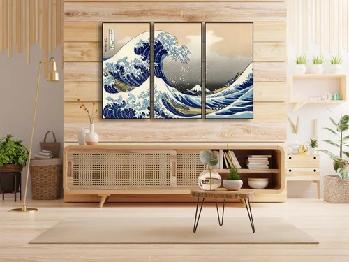 Vista 5 de Wieco Art Arte enmarcado de aluminio negro grande, 3 paneles, gran ola de Kanagawa, Katsushika Hokusai, impresiones en lienzo de arte de pared