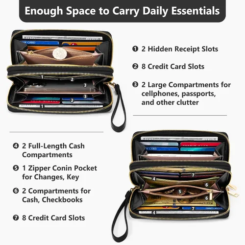 Vista 7 de Espera Cartera de mujer con bloqueo RFID de gran capacidad, tarjetero con doble cremallera, de cuero, con cartera para mujer con correa