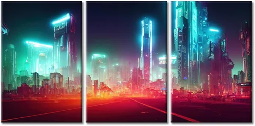 Vista 8 de Cuadros de 3 paneles de Cyberpunk City - Arte de pared de vallas publicitarias de edificios modernos en la capital con obras de arte modernas