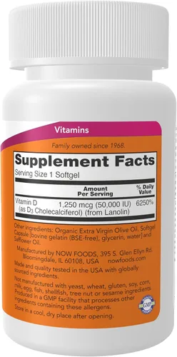 Vista 2 de NOW Foods Suplementos, Vitamina D-3 50,000 UI, cápsulas blandas, 50 cápsulas blandas