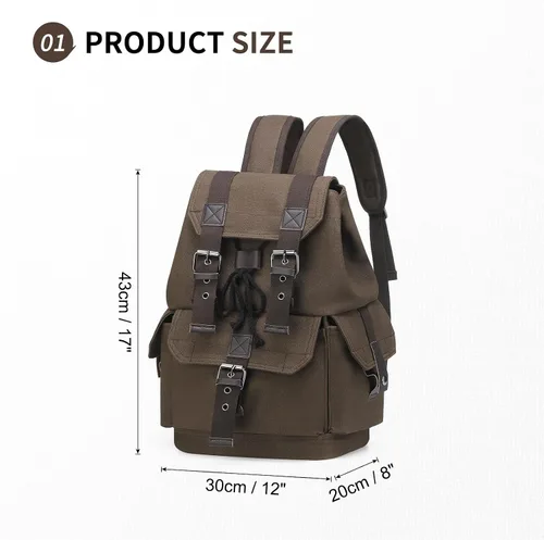 Vista 3 de Mochila de lona vintage para hombres y mujeres, mochila casual duradera, mochila de viaje adecuada para senderismo y uso diario, Café, Classic