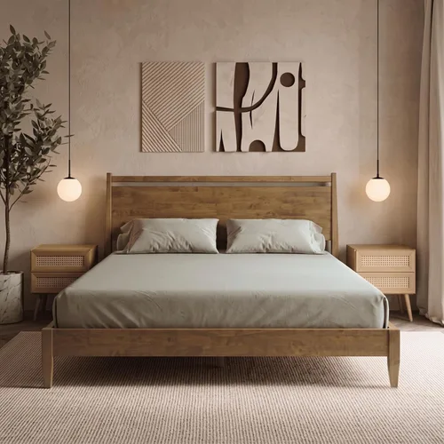 Vista 9 de NTC Adept Marco de cama de madera con cabecero, base de madera de roble macizo y caucho con listones silenciosos y soportes centrales de madera