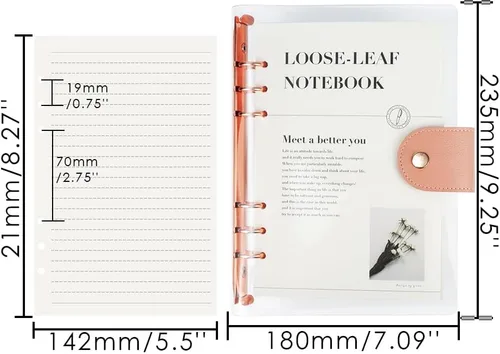Vista 2 de Carpeta transparente A5 con 6 anillas, cubierta de PVC suave, anillo redondo de oro rosa, botón a presión, protector de cuaderno recargable con 90