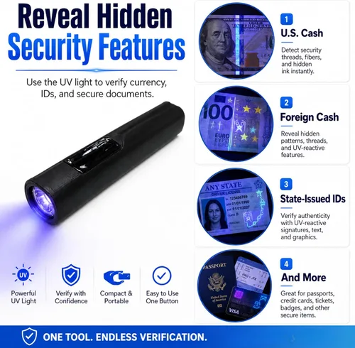 Vista 5 de Linterna UV recargable con cable de carga USB-C para detección de orina de mascotas, manchas ocultas, moneda estadounidense y extranjera