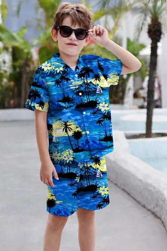 Vista 3 de SANGTREE Traje hawaiano corto de verano para niños, camisa con botones + camiseta blanca + pantalones cortos, 3 meses a 9 años