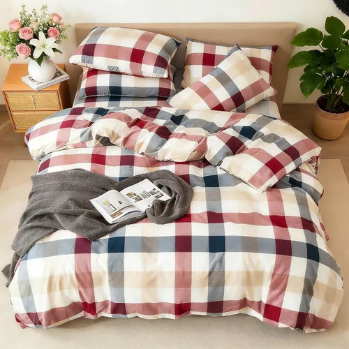 Vista 7 de Juego de funda de edredón a cuadros de búfalo de 3 piezas, 100% algodón lavado, sensación de lino, cómoda y transpirable