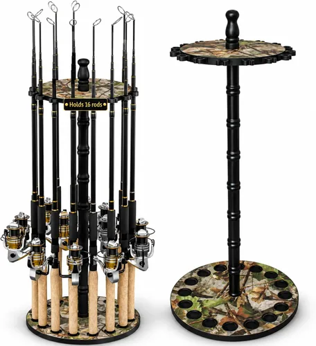 Vista 13 de Rush Creek Creations Soporte redondo para 16 cañas de pescar para garaje, soporte de cañas de pescar de acceso 360° para cañas de pescar, carretes