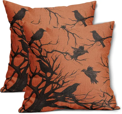 Vista 10 de Tree Crows - Juego de 2 fundas de almohada de Halloween de 16 x 16 pulgadas, fundas de almohada decorativas de otoño, fundas de almohada negras