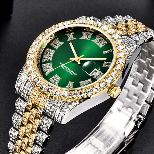 Vista 5 de Relojes de hip hop para hombre, relojes de cuarzo de lujo con diamantes brillantes con fecha