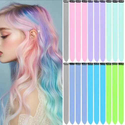 Vista 9 de 20 extensiones de cabello de colores, coloridas extensiones de cabello sintético con clip, extensiones de cabello sintético largo y lacio